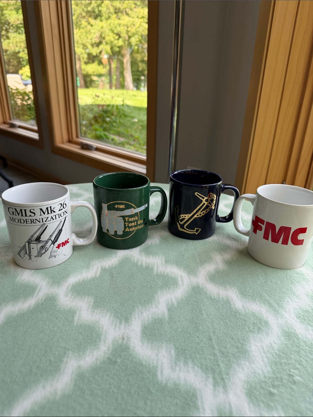 Vintage Military Defense FMC Mugs — White, Green, Navy, Made in England